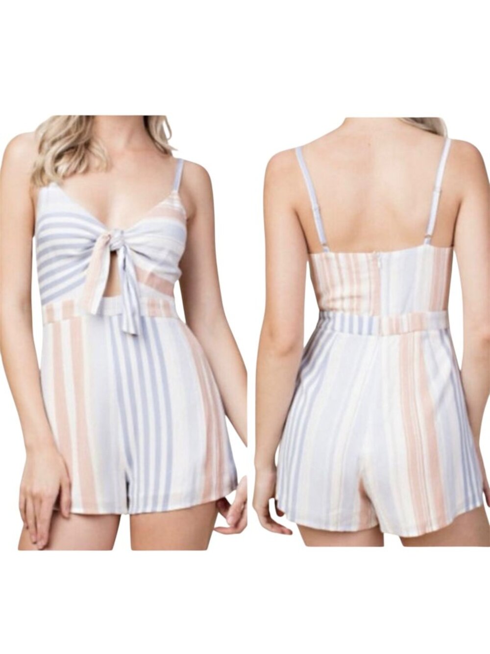 Wild Honey Pastel Striped Tie-Front Romper Size Medium
